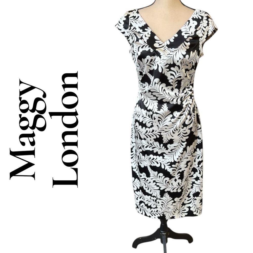 Maggy London Monochrome Floral Midi Dress. Satin. Size 8. Side zip. Like new!
